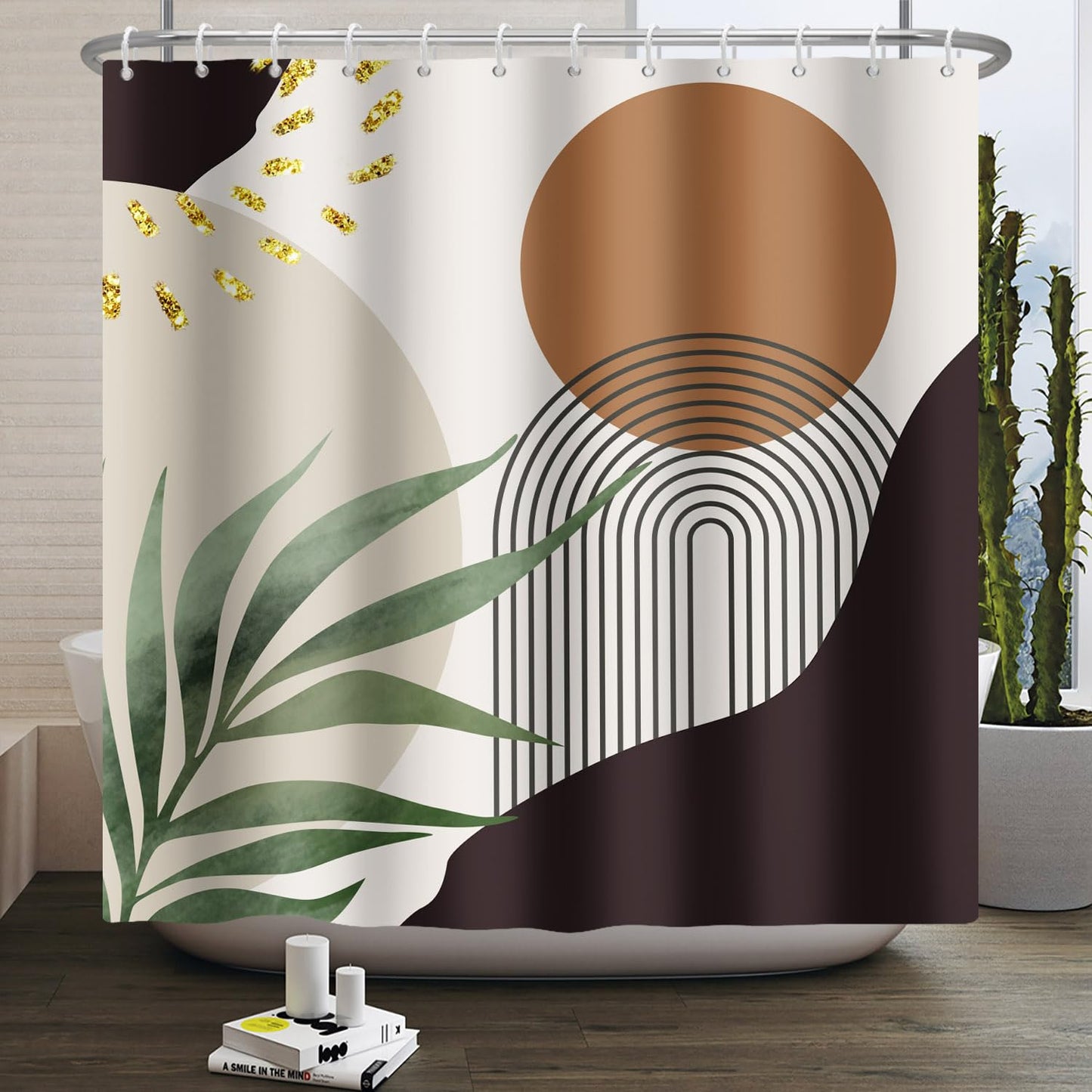 ASDCXZ Boho Shower Curtain 180x200 cm, Modern Abstract Boho Style Green Leaves Brown Sun Grey Black Bath Washable Shower Curtains Polyester Textile
