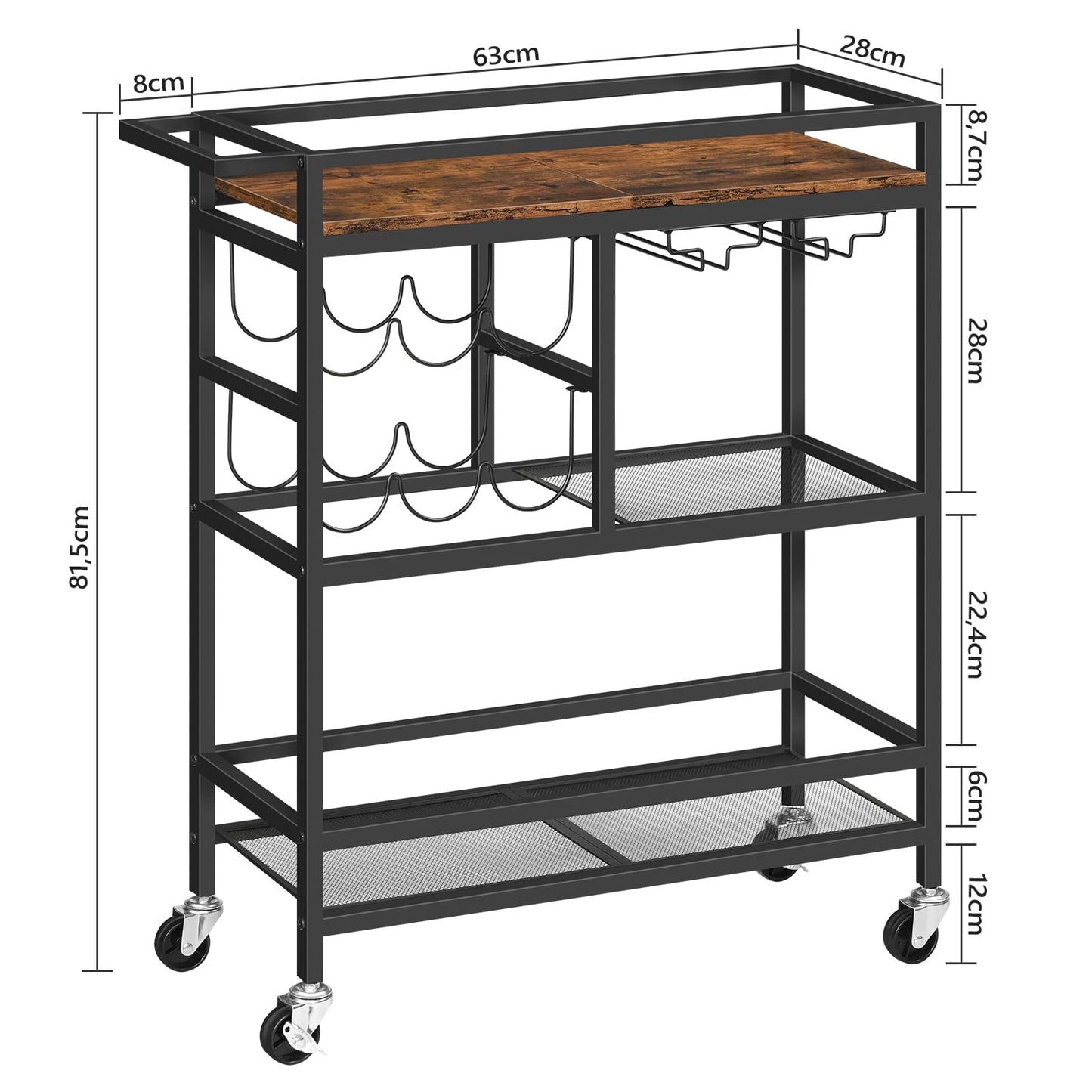 MAHANCRIS 3-Tier Drinks Trolley, Bar Cart for Home, Serving Trolley