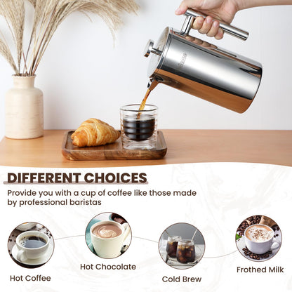 Velaze 1L / 35oz 8 Cups French Cafetiere Coffee Pot, French Press with Stainless steel,Double Wall Tea Maker, with 1 Coffee Spoon and 5pcs Additional