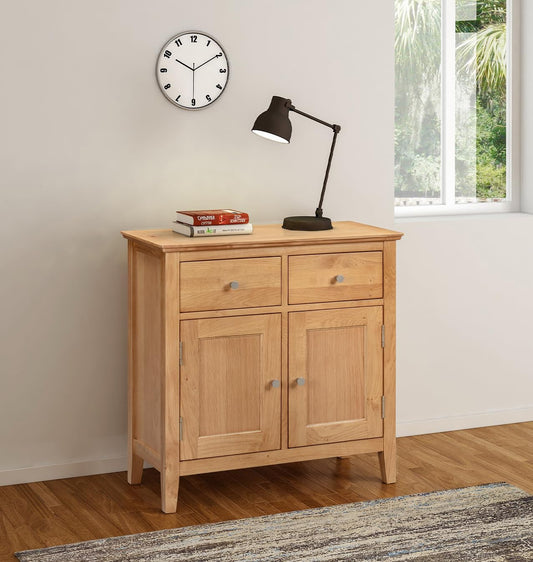 Hallowood Furniture Hereford Oak Small Sideboard Storage Cabinet with 2 Drawers, Cupboard & Adjustable Shelf, Solid Wood Oak Storage Unit for Living