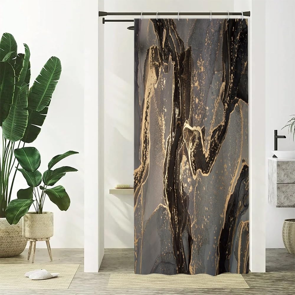 Uiiooazy Black Gold Shower Curtain, Stall Shower Curtain Abstract Marble Bath Curtain Mildew and Mould Resistant Waterproof Polyester Fabric Washable