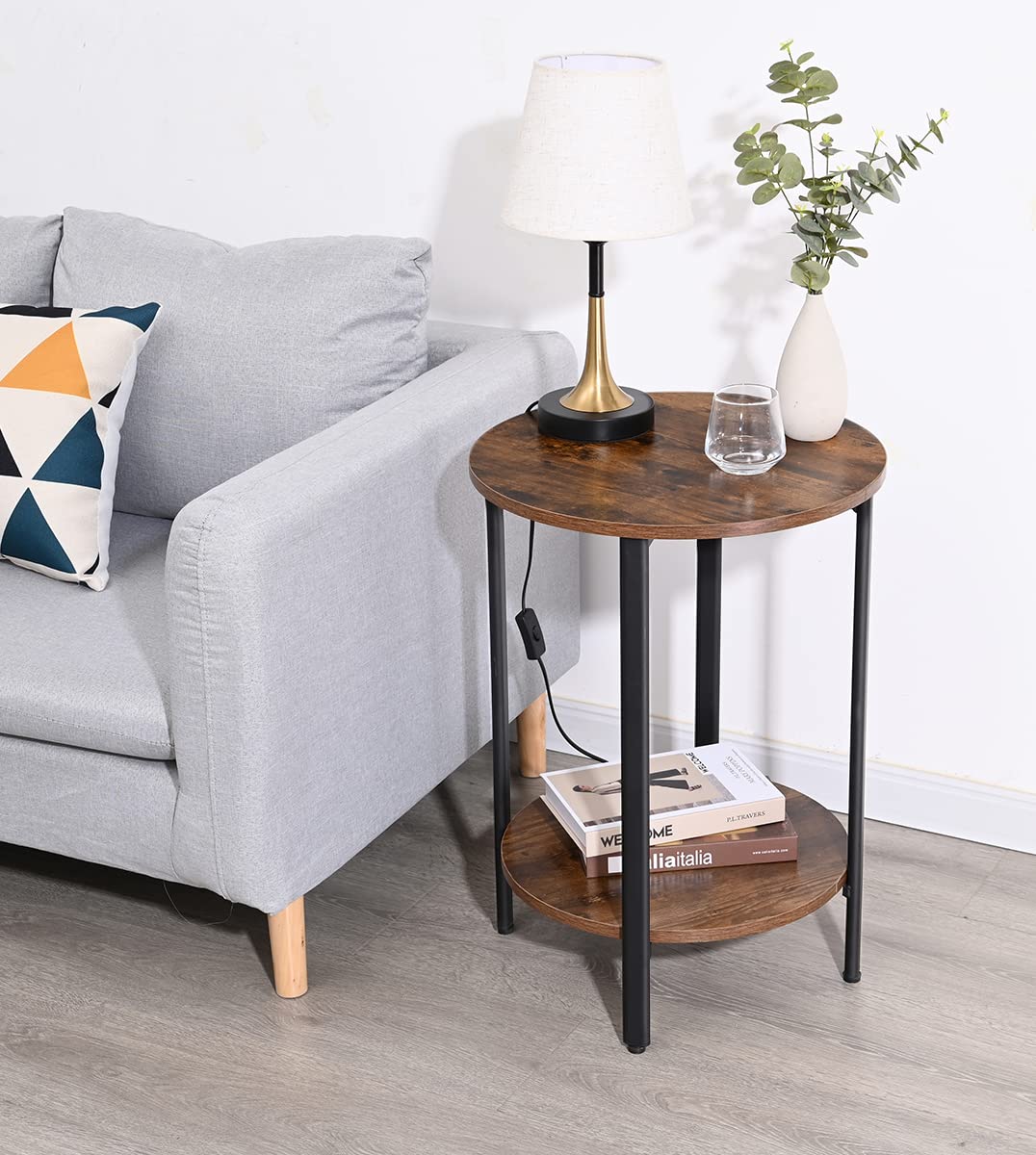 H JINHUI 2-Tier Round Side Table, Industrial End Table, Bedside Table, Sofa Table with Metal Frame, Coffee Table with Storage, for Living room