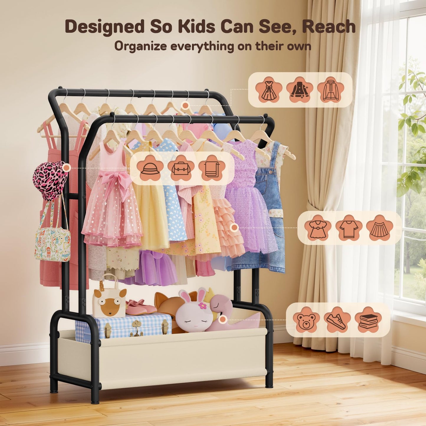 ZHKINGGS Kids Clothes Rail with Dual Rods & Storage Basket