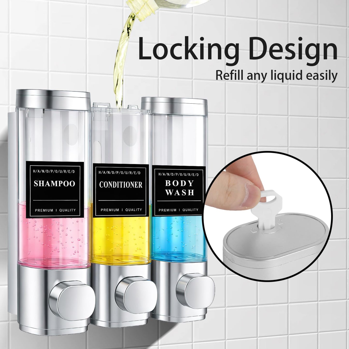 3 Chamber Shampoo and Conditioner Dispenser, Wall Mounted, 300 ml, Silver