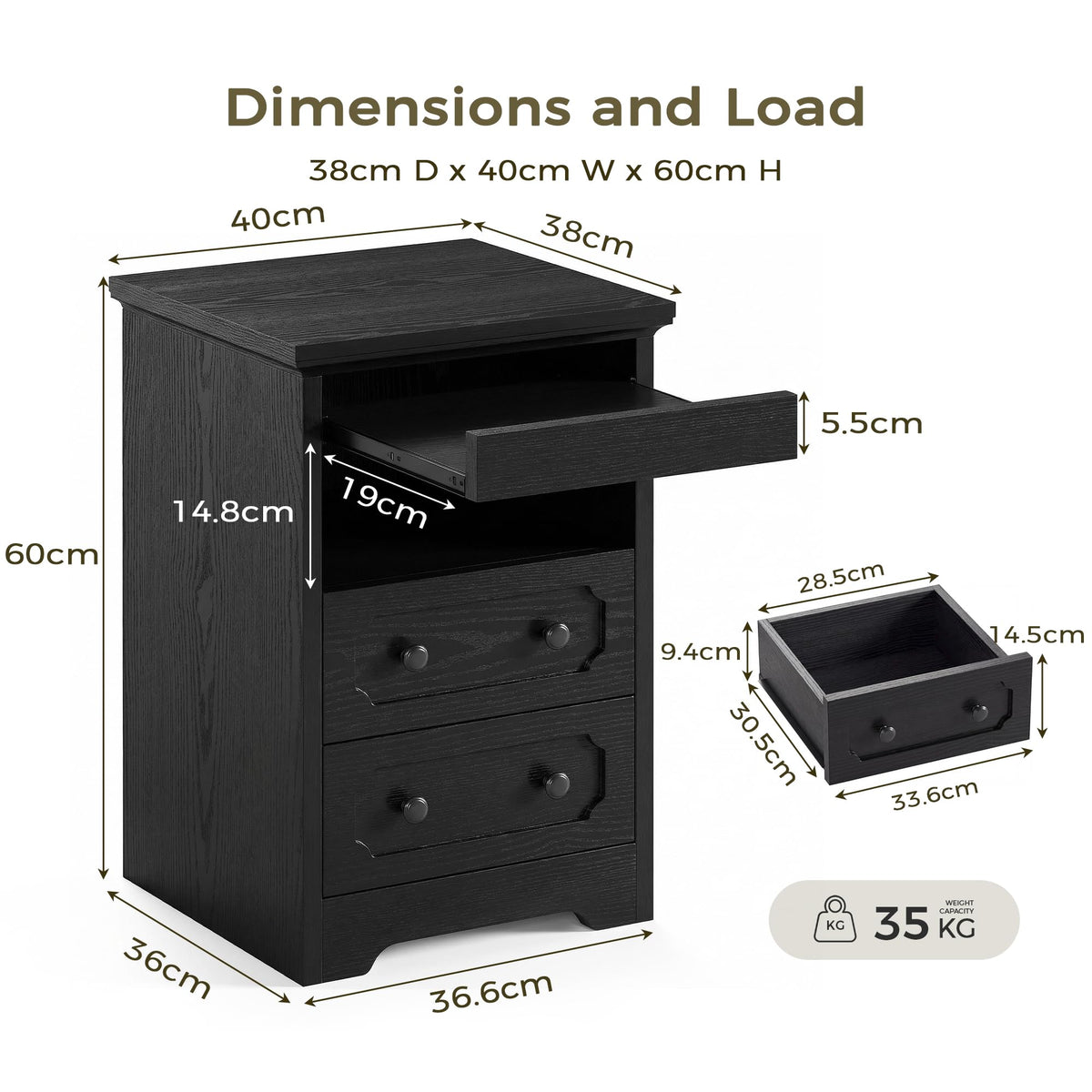 IRONCK Bedside Table with 2 Drawers, Modern Nightstand with Open Shelf, End Table with Pull-Out Tray for Bedroom, Living Room, Black