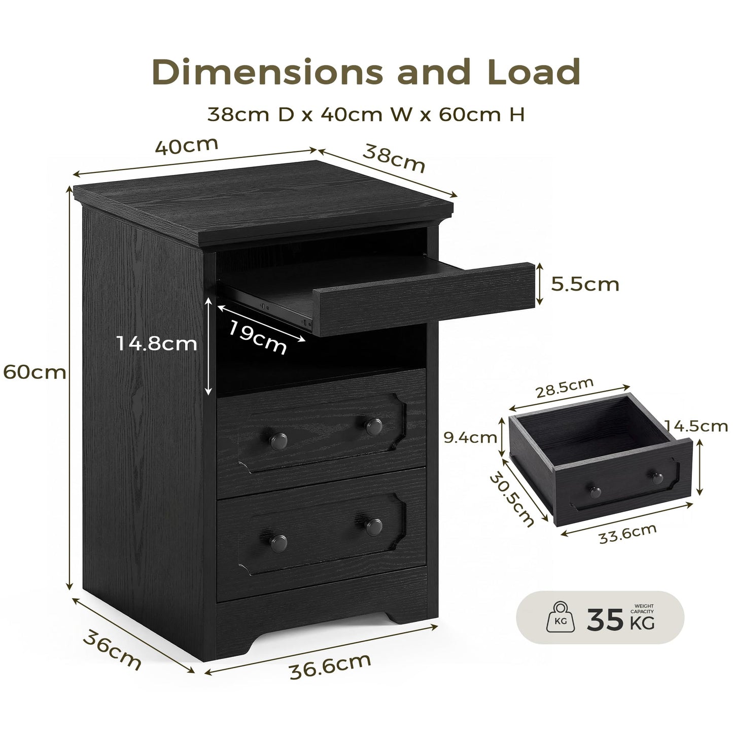 IRONCK Bedside Table Set of 2, Modern Nightstand with 2 Drawers, Open Shelf, End Table with Pull-Out Tray for Bedroom, Living Room, Black