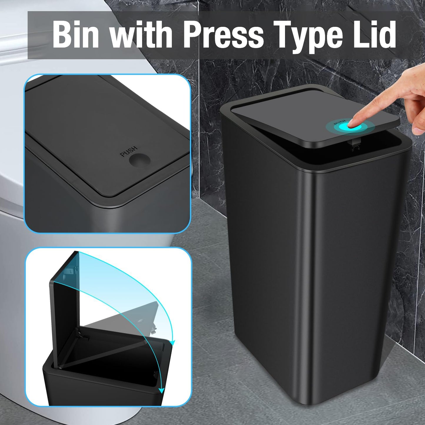 2Pack Bathroom Bin with Lid, Push Button, Plastic Bedroom Bin, Dog Proof, Trash Can for Office Living Room Kitchen Toilet, 10 Liter Capacity, Grey