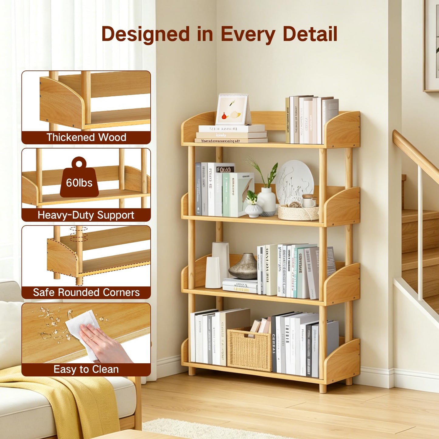 OUTONLIFE 4-Tier Wooden Open Bookcase, Modern Display Bookshelf with Solid Wood Frame and Rounded Corner Design, Storage Organizer for Living Room