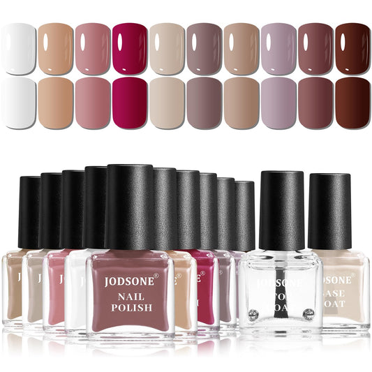 JODSONE 12 PCS Nail Polish Set 10 Color With 2PCS Base and Top Coat Quick Drying Fall Nude Brown Chocolate Red Color HolidayGift for Her