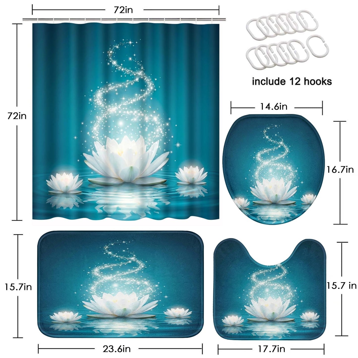 4 Piece Shower Curtain Sets, with 12 Hooks, Magic Lotus Flower Turquoise Zen with Non-Slip Rugs, Toilet Lid Cover and Bath Mat