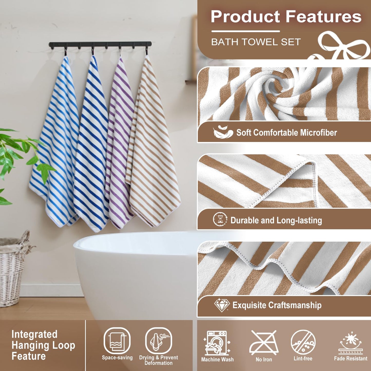 JML Microfiber Beach Towels, Quick Drying Towel (2 Pack, 30" x 60") Cabana Stripe Absorbent Bath Towel Set for Travel, Summer, Sport, Swimming, Pool