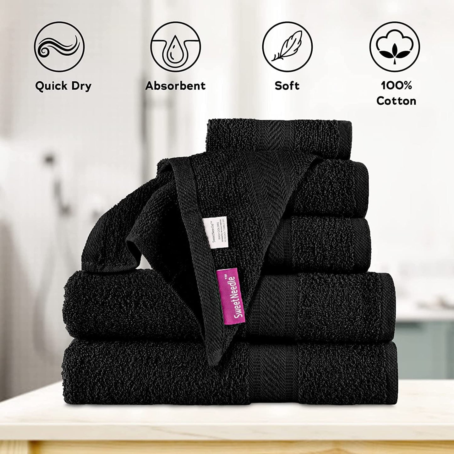 SweetNeedle 6 Piece Towel Set - 2 Bath Towels, 2 Hand Towels and 2 Washcloths Cotton Daily Use Hotel Spa Quality Soft Highly Absorbent Quick Dry