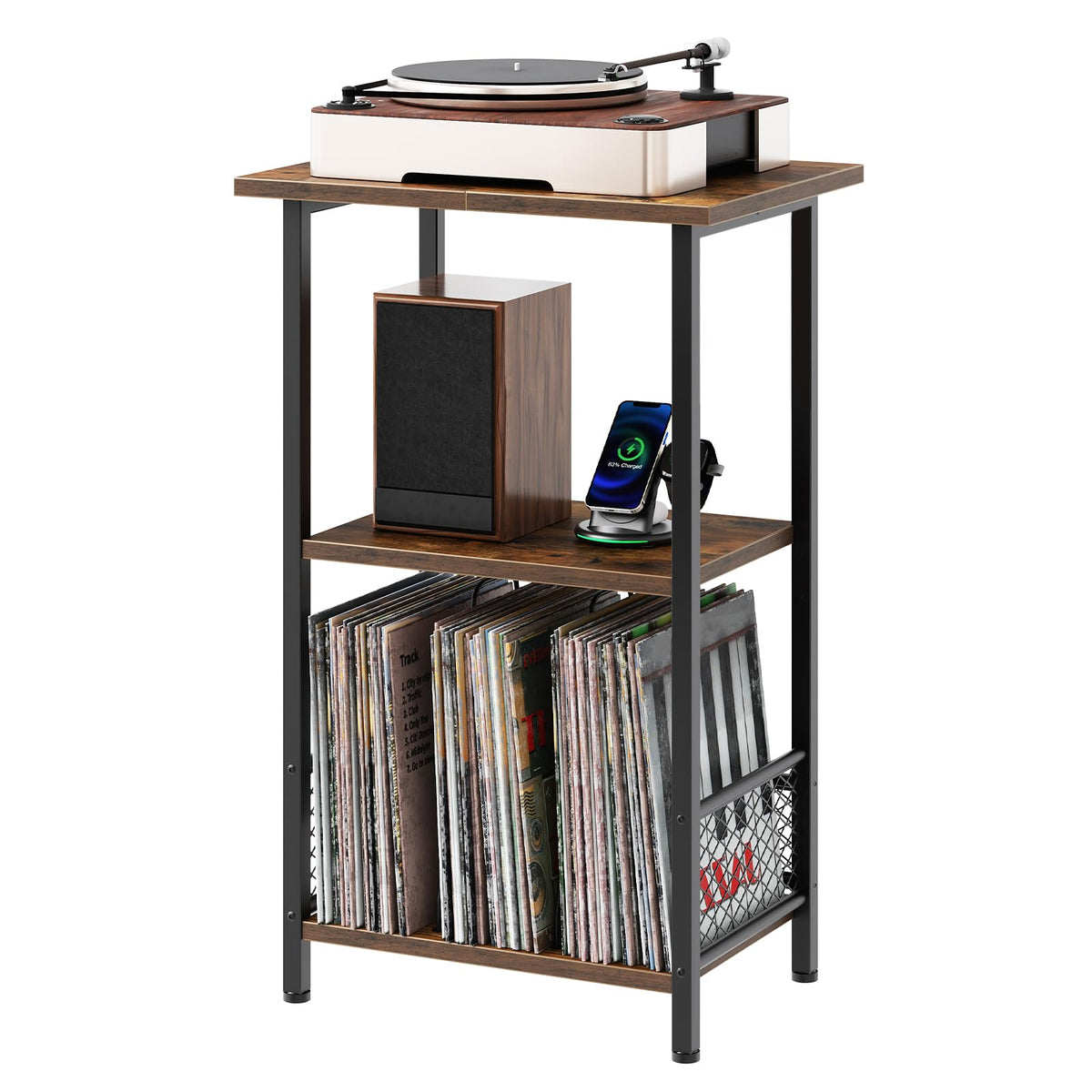 HOOBRO Record Player Stand, Turntable Stand up to 100 Albums, 3-Tier Album Vinyl Record Storage Rack with Dividers, End Table, for Living Room