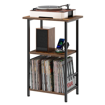 HOOBRO Record Player Stand, Turntable Stand up to 100 Albums, 3-Tier Album Vinyl Record Storage Rack with Dividers, End Table, for Living Room