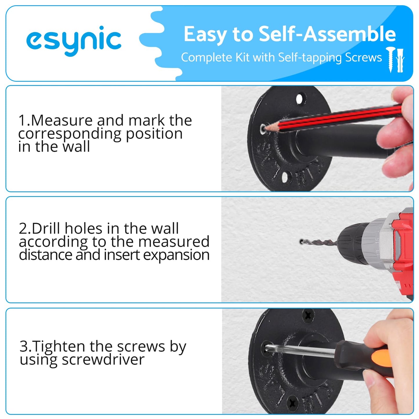 eSynic 60cm Black Industrial Wall Mounted Clothes Rail Heavy Duty
