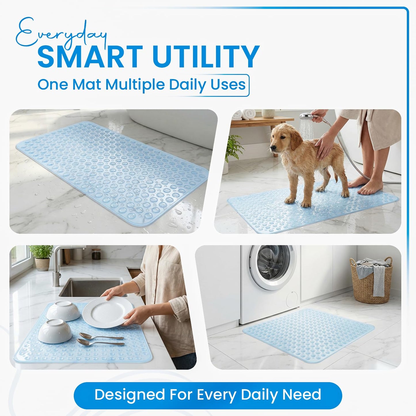 Rugs Garden Shower Bath Mats - Washable Non Slip Anti Mould Rubber Bathmat with Suction Cups for Bathtub and Bathroom (Sky Blue, 40x100 cm)