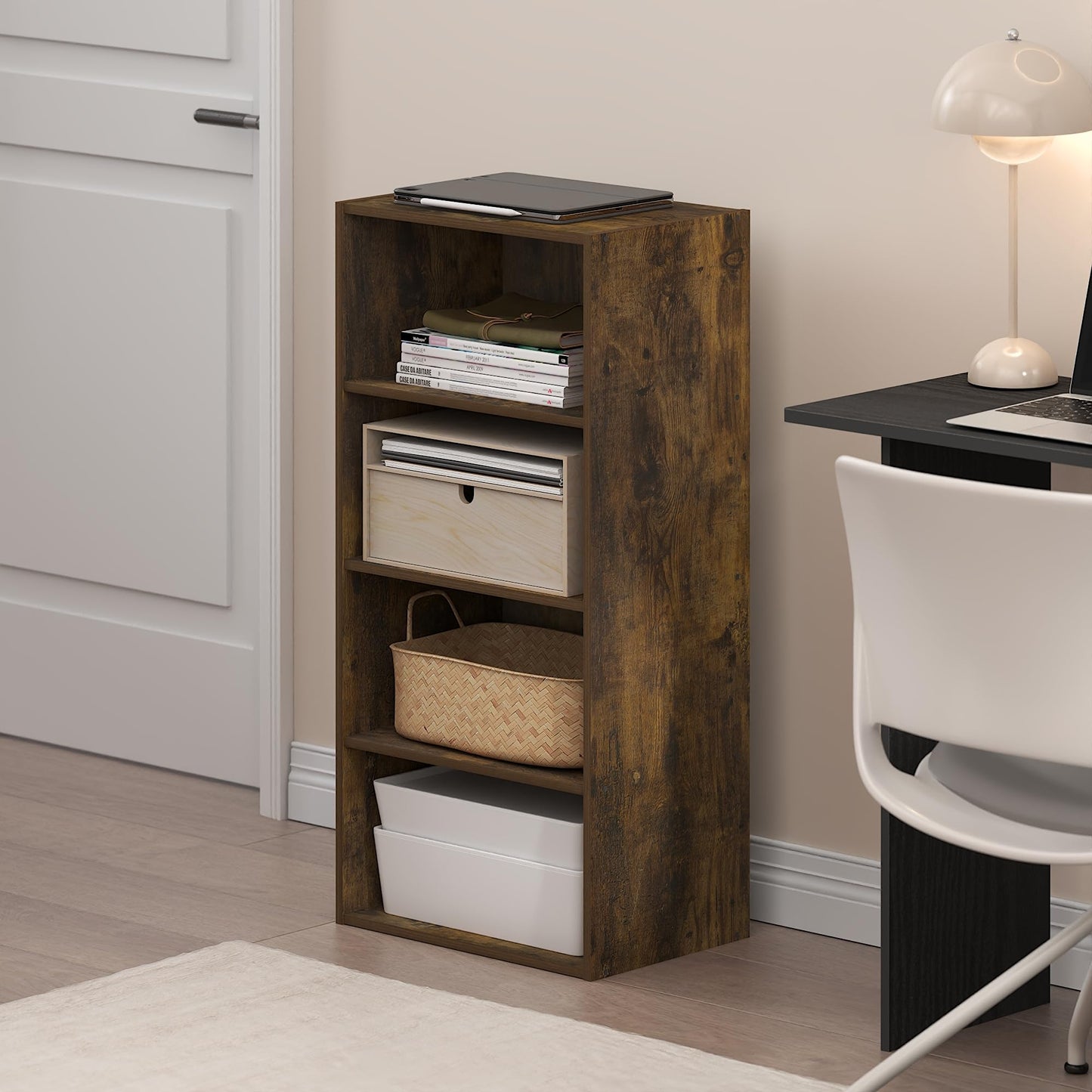 Furinno BASIC Book Shelf, 4-Tier Bookcase with Open Shelf, Bookshelf, Cube Storage Organizer, 11 x 17 x 35, for Living Room, Bedroom, Home Office