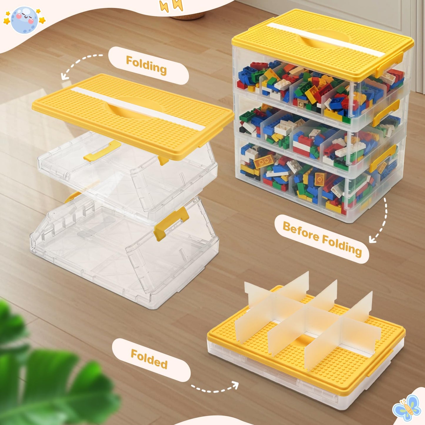 Yocdunm 18L Storage Boxes with Lids, Cube Kids 3 Layers Stackable Plastic Drawer Organiser Handle,Storage Box for Magnetic Building Blocks Bricks