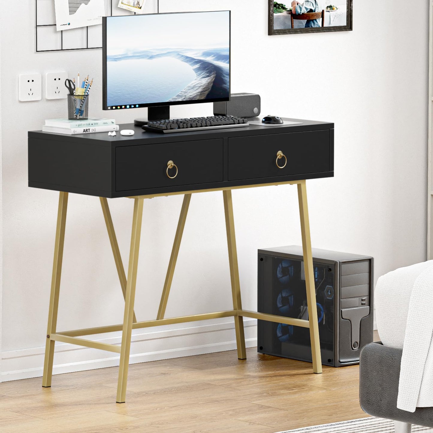 Yvsevnr Wooden Computer Desk Black Writing Desk with 2 Drawers Vanity Dressing Table without Mirror