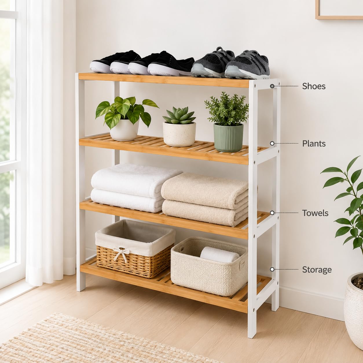 1ABOVE Bamboo Shoe Rack, Plant Rack, Perfect for Corridor, Living Room, Bathroom, Bedroom, Hallway or Small spaces-Parent. (White & Natural, 4 Tier)