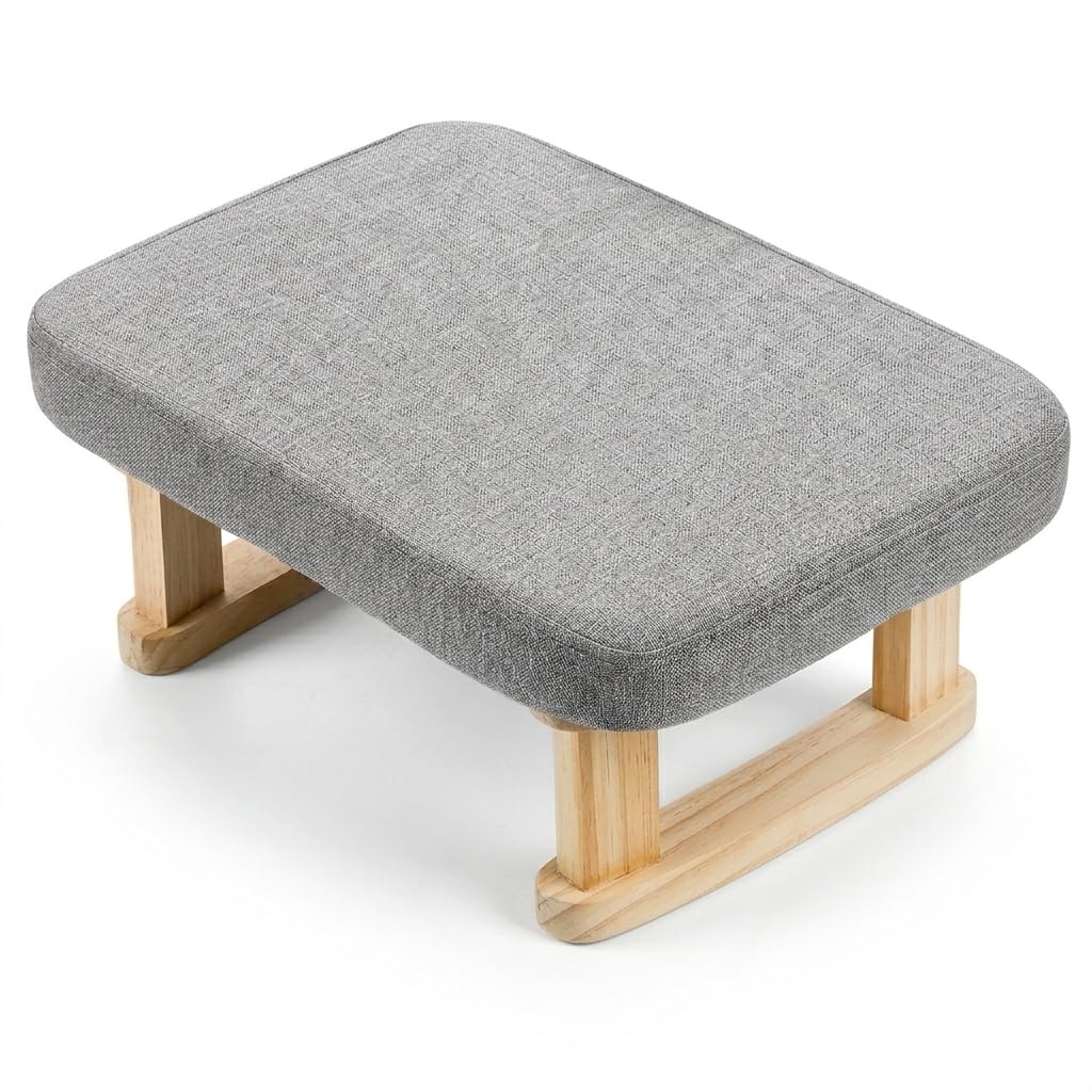 Foot Stool, Linen Fabric Ottoman Footstool with Removable Padded Cover, Small Pouffe Footstool with Stable Wooden Legs