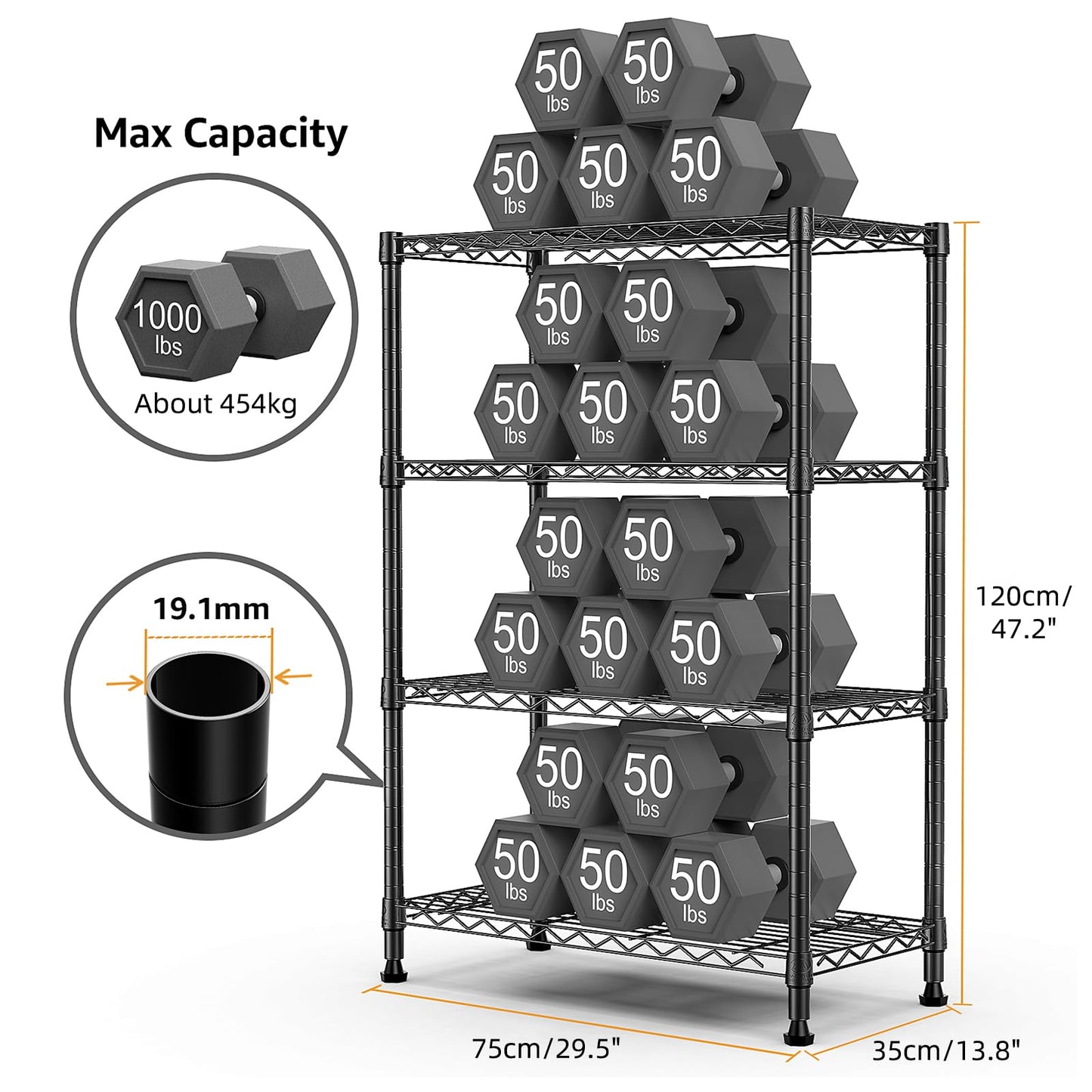 M MZG Height Adjustable Shelves,Heavy Duty Wire Pantry Shelving for Tool Sheds, Garage, and Storehouse,Metal,Black,4 tier 35 x 75 x 120.7 cm