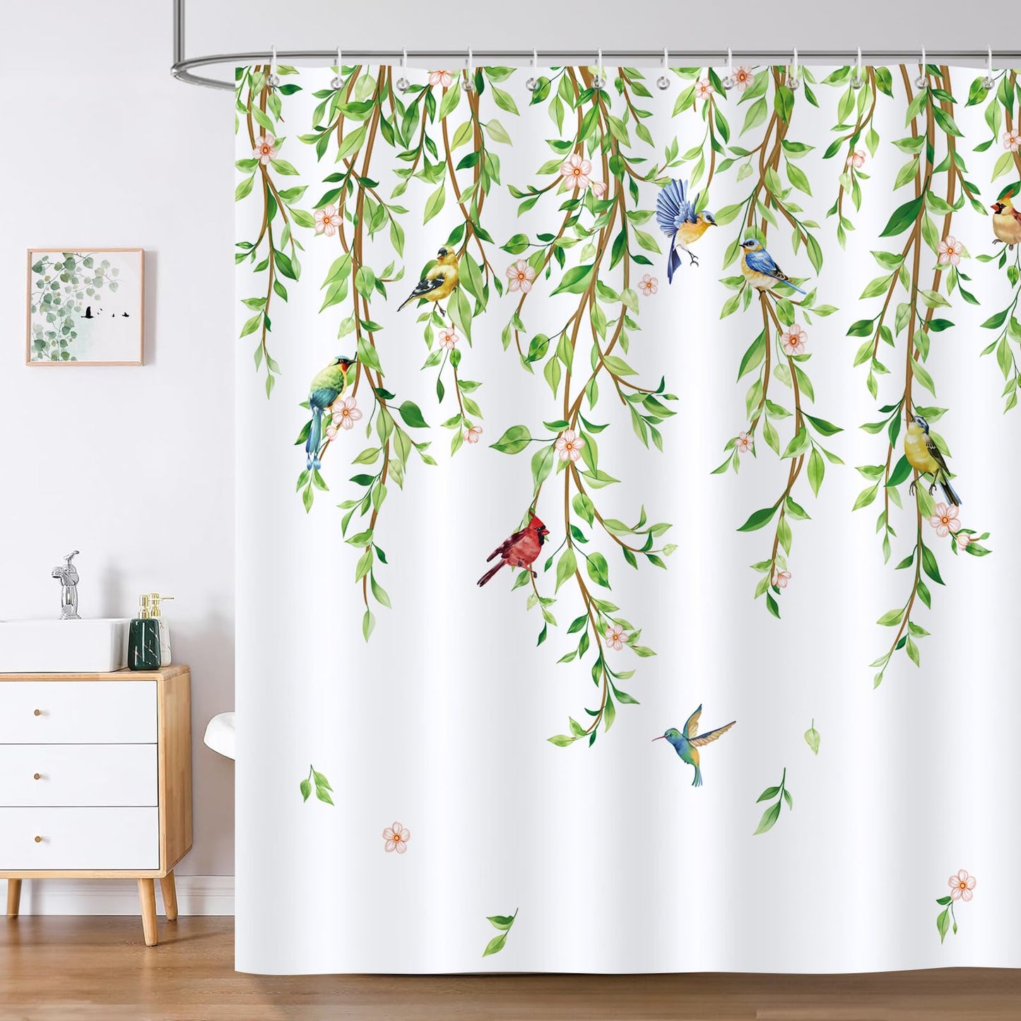 Bonhause Green Leaves Birds Shower Curtain Spring Hanging Vine Bathroom Curtain 180 x 180 cm Waterproof Mildew & Mould Resistant Polyester Fabric Bath