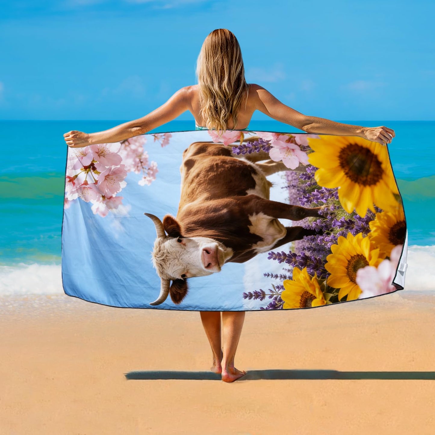 Violetpos Cow in Sunflowers & Lavender Beach Towel, Extra Large 180x90 cm 250GSM Microfibre, Sand Free Quick Dry