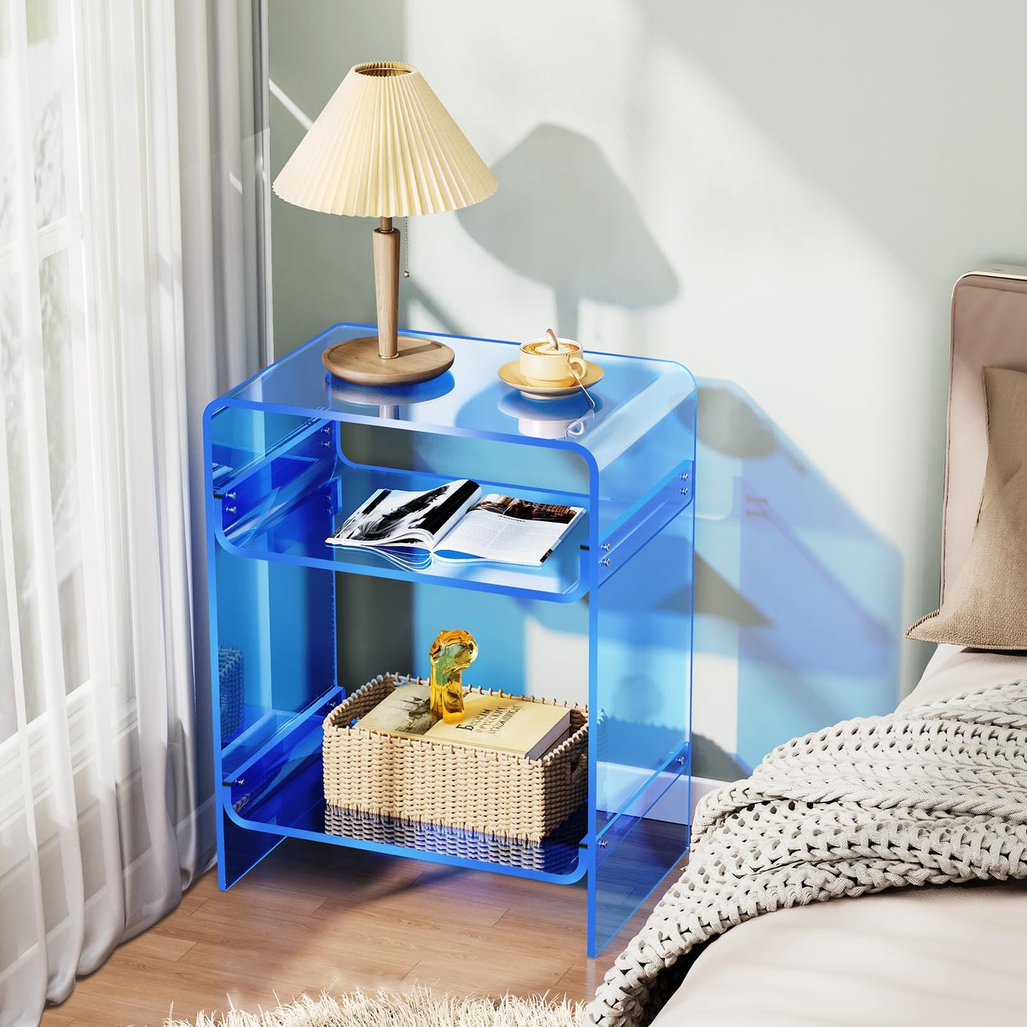 Dewrhiixe Acrylic Record Player Table with Storage Shelf, Clear Side Table, Nightstand (Blue, 45×30×58 cm, Acrylic)