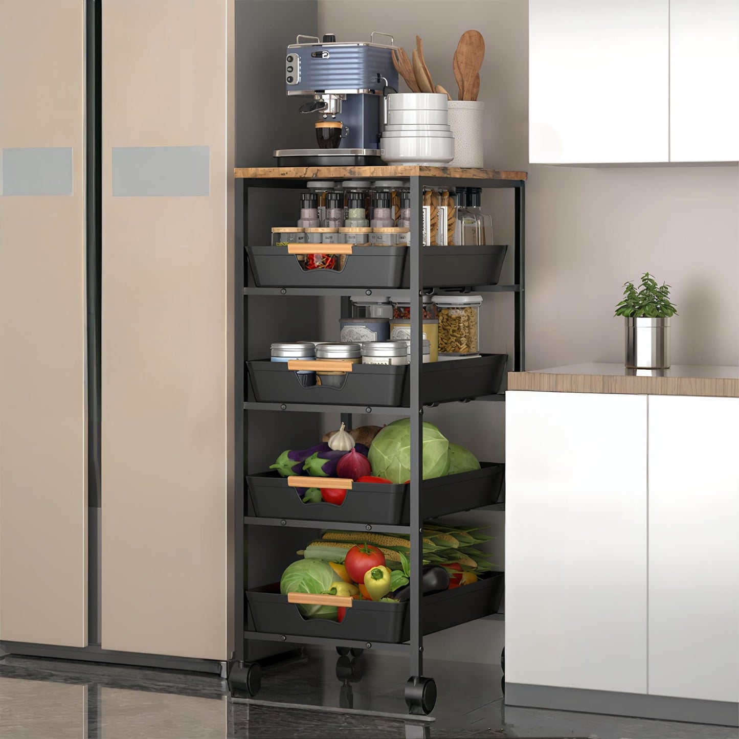 CarolynDesign 5-Tier Metal Frame Organizer Utility Cart with Wooden Top, Multi Functional Rolling Wheels Storage with Pull Out Drawers for Kitchen