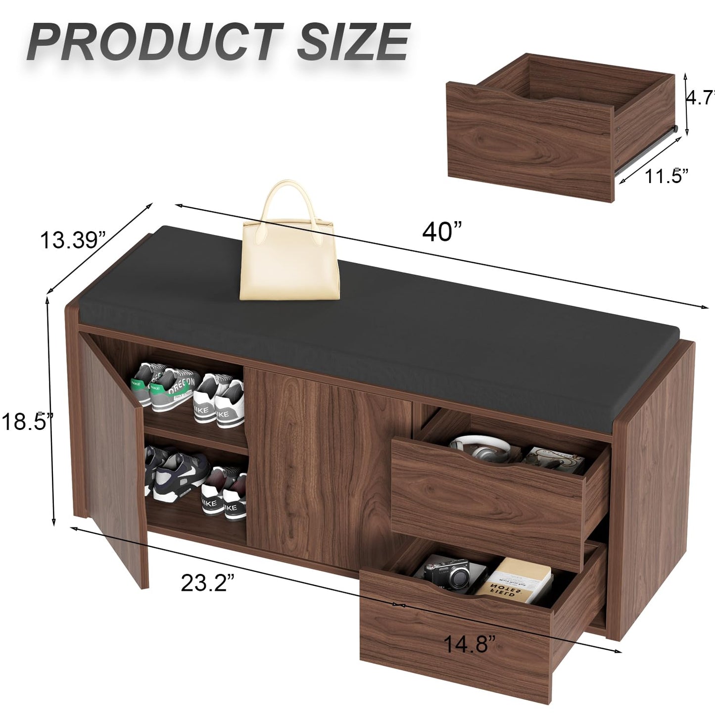 LVB Entryway Storage Bench with Padded Seat Cushion, Wood Hidden Shoe Organizer Bench with 2 Drawers Cabinet