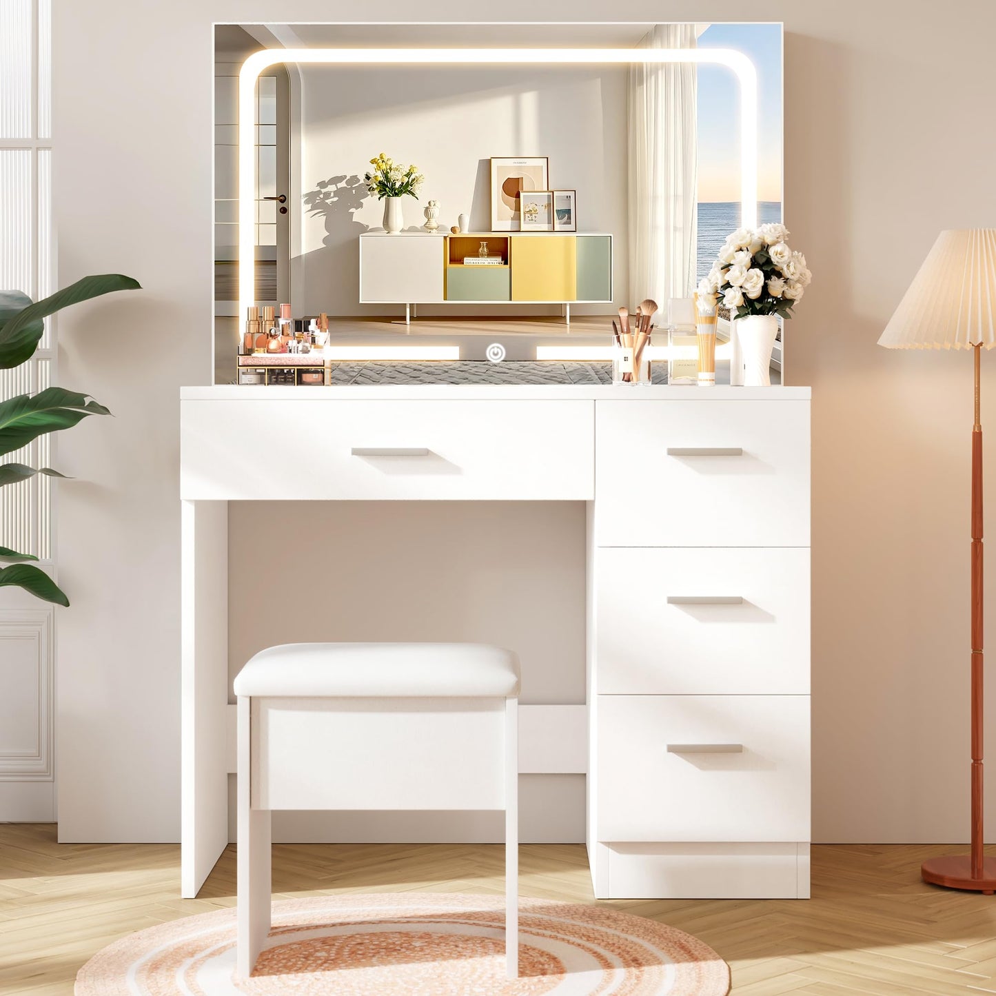 LIVELYGLOW Dressing Table with Smart LED Mirror & Power Outlet, 90cm White Makeup Vanity Desk Set with 4 Drawers, Hairdryer Holder & Cushioned Stool