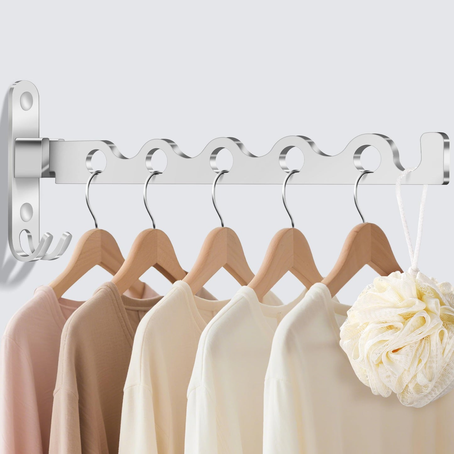 MEIJO Wall-Mounted Clothes Rack Silver, Foldable Wall Mounted Clothes Rail, 90° Rotation Heavy Duty Wall Clothing Drying Rack Wall Coat Rack for