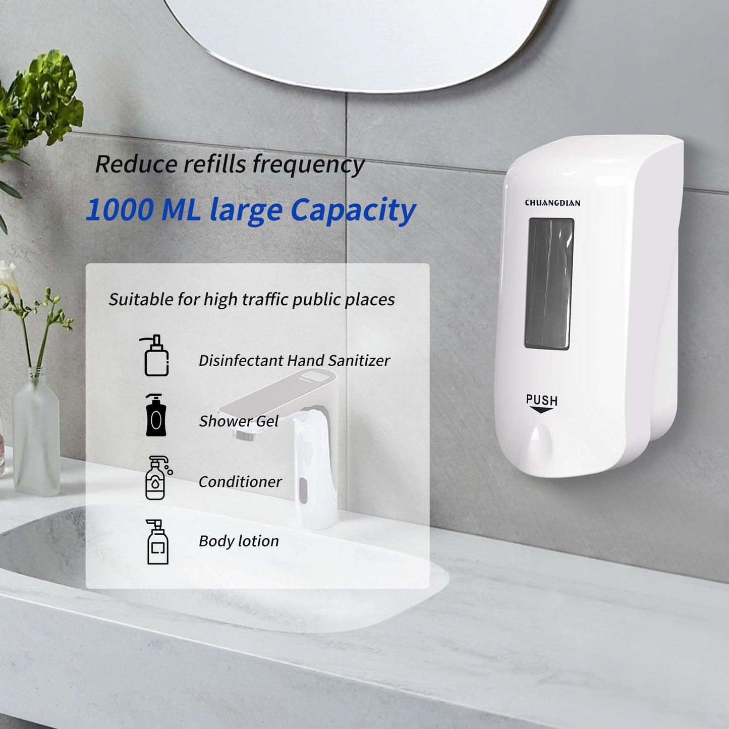 CHUANGDIAN Hand Soap Dispenser Wall Mounted, 1000ml, Pearl-White