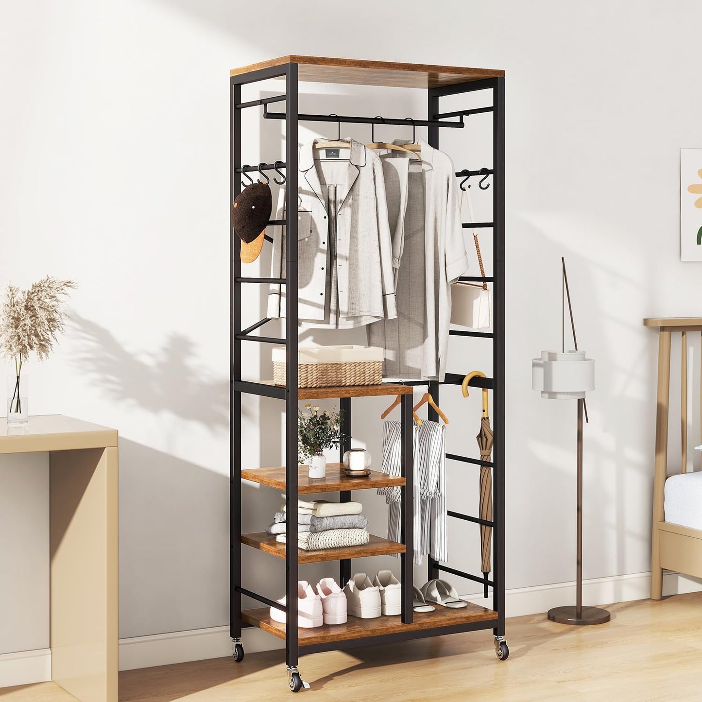 IBUYKE Coat Rack,Coat Stand on Wheels with 6 Hooks,Rustic Brown TMJ089H
