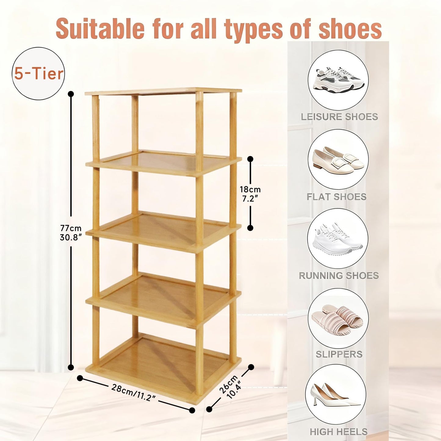 Aniston Bamboo Shoe Rack 5 Tier, Vertical Shoe Rack for Small Spaces, Free Standing Tall Narrow Shoe Organizer for Garage, Closet, Doorway, Corner