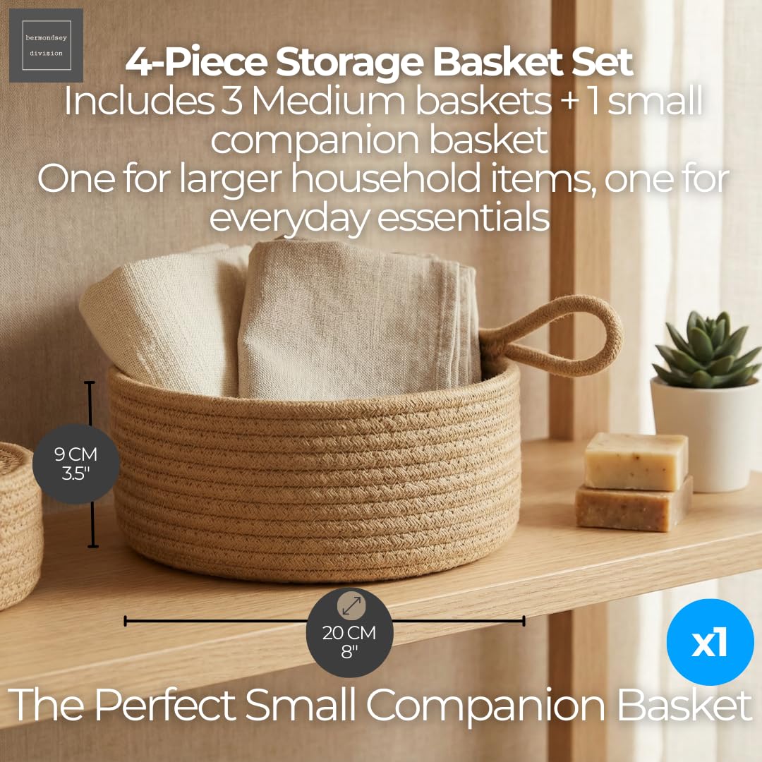 4pcs Cotton Rope Storage Basket Set (3 Medium + 1 Small) Woven Baskets with Handles for Living Room, Bedroom, Bathroom & Nursery – Honey