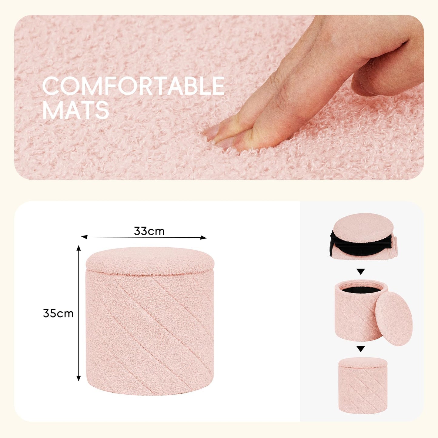 PINPLUS Round Ottoman Storage Box, Folding Stool, Pink, 33x33x35 cm