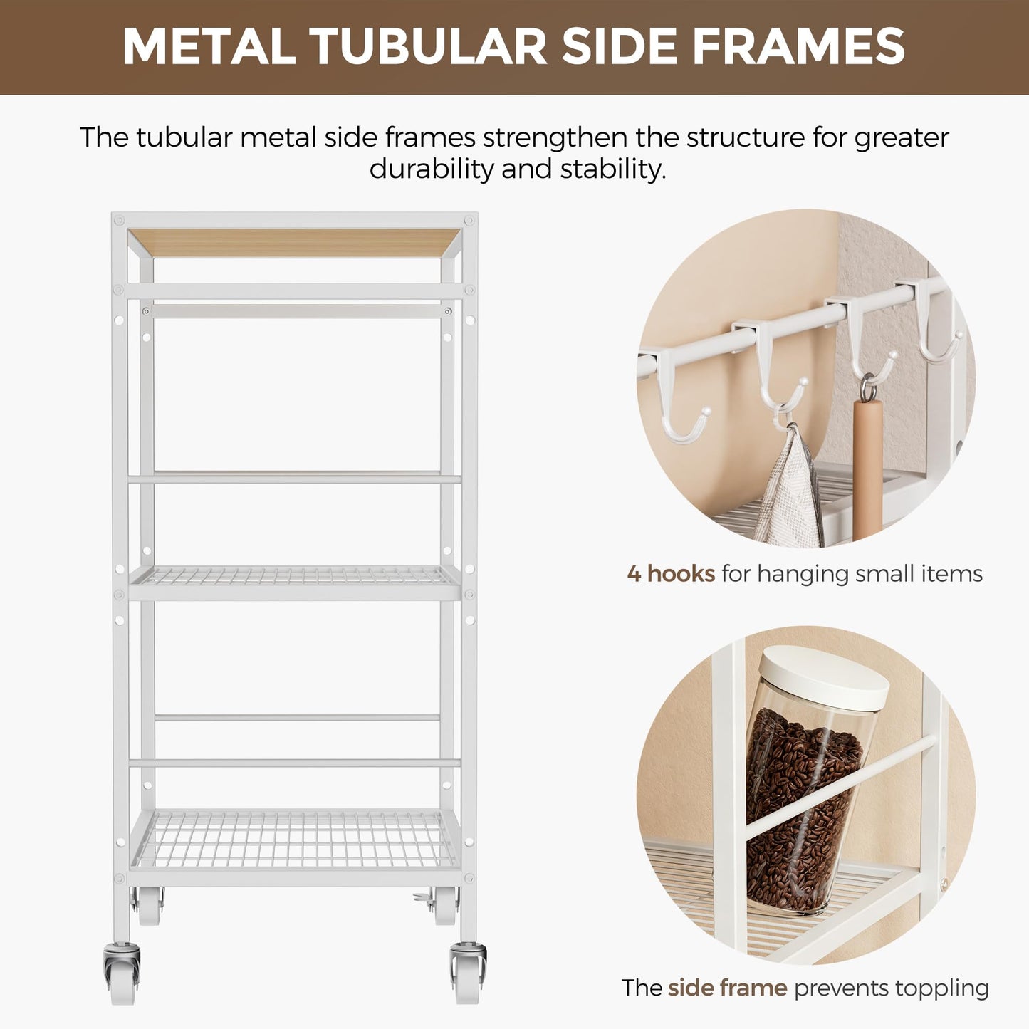 3-Tier kitchen trolley,Oak Wood Top,60W×40Dcm,4 Hooks, Adjustable Shelves