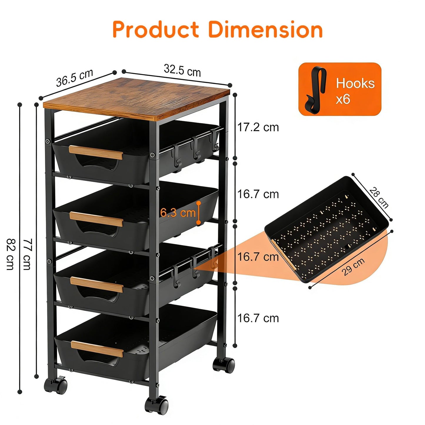 Uwoodia 5-Tier Slim Storage Trolley on Wheels, Metal Kitchen Rolling Cart with Pull-Out Baskets