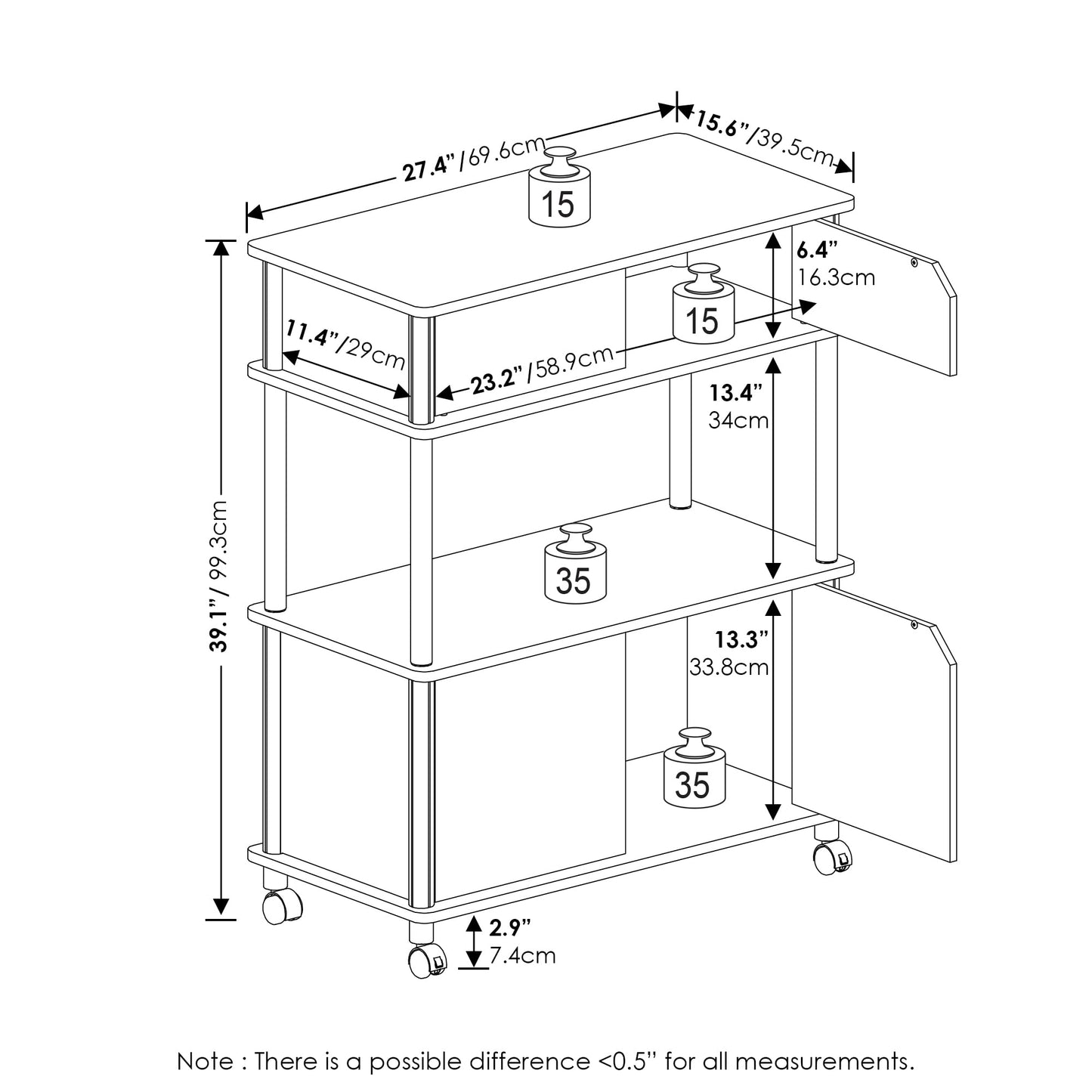 Furinno TURN-N-TUBE Printer Stand with Storage, 4-Tier Printer Table with with Storage Cabinet and Casters, Open Frame Standing Shelf, for CPU