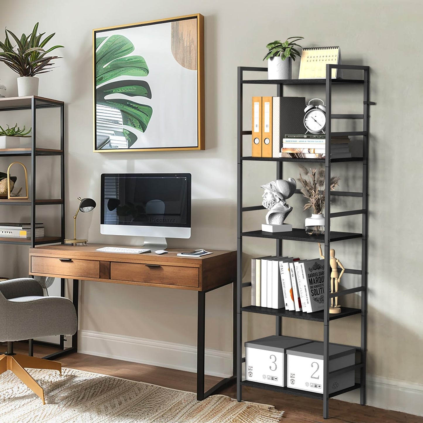 CADUKE 5 Tier Bookcase, Large Black Bookshelf with Open Storage