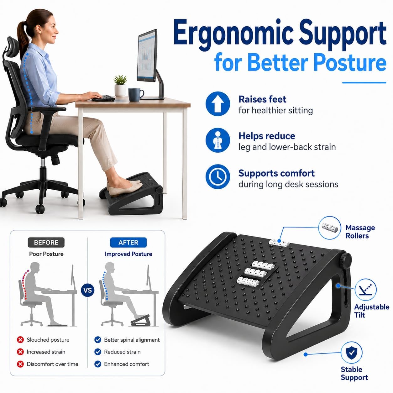 FootRest Under Desk- Adjustable Ergonomic Foot Stool with Massage Surface-Footrest for Office & Home-Desk Foot Rest for Foot Support-Leg Rest