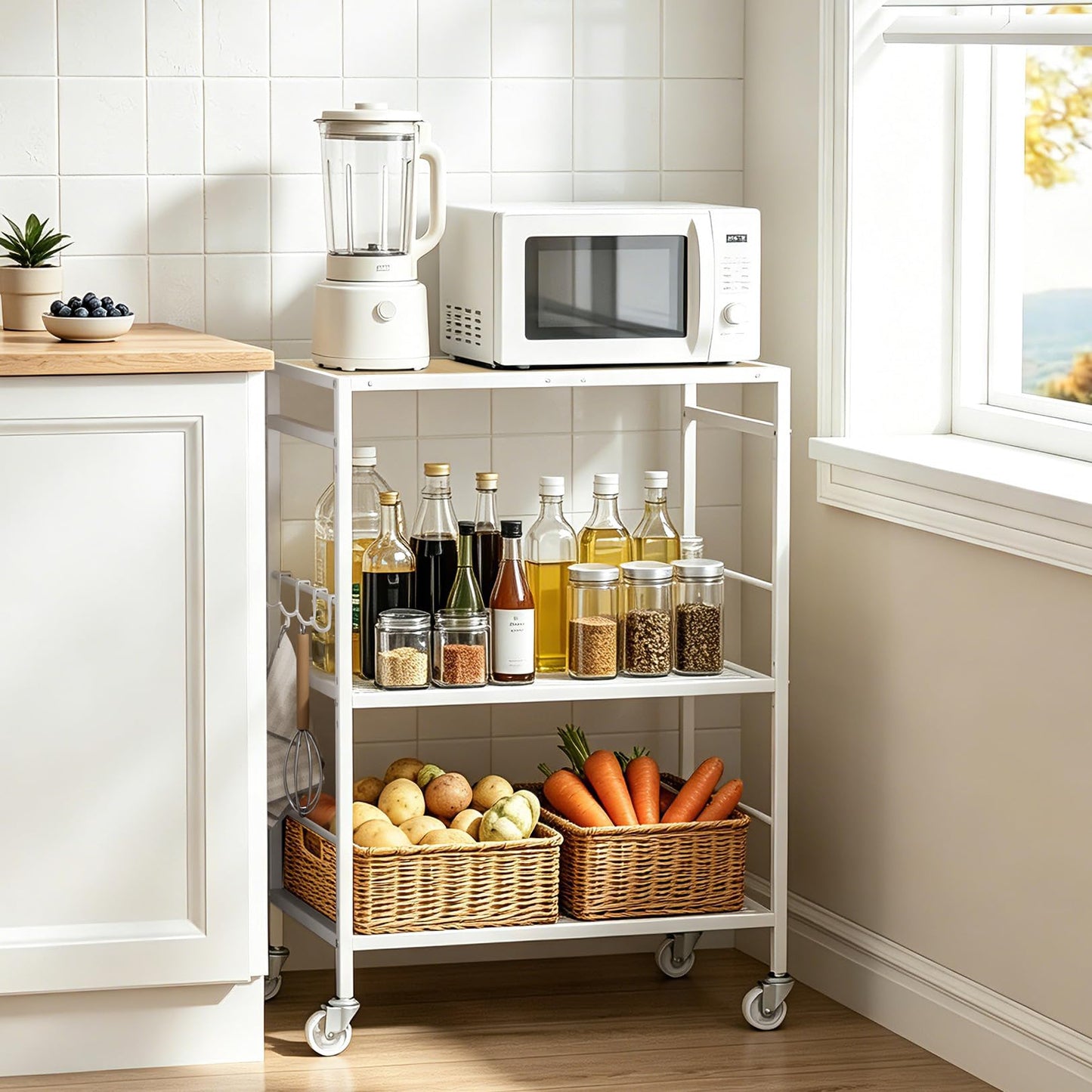 3-Tier kitchen trolley,Oak Wood Top,60W×40Dcm,4 Hooks, Adjustable Shelves