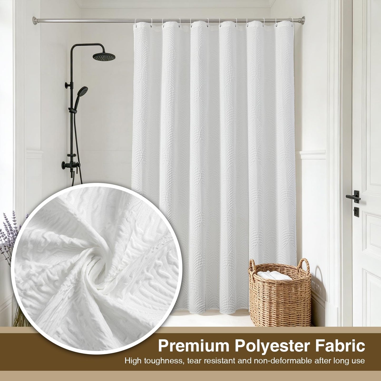 White Shower Curtain 120 cm x 200 cm for Small Bathroom - Thick Fabric Shower Curtains with Hooks & Weighted Hem