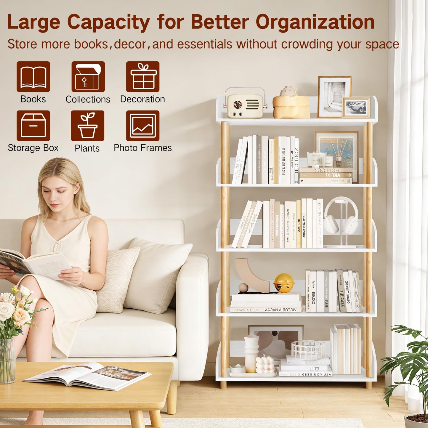 OUTONLIFE 5-Tier Wooden Open Bookcase, Modern Display Bookshelf with Solid Wood Frame and Rounded Corner Design, Storage Organizer for Living Room