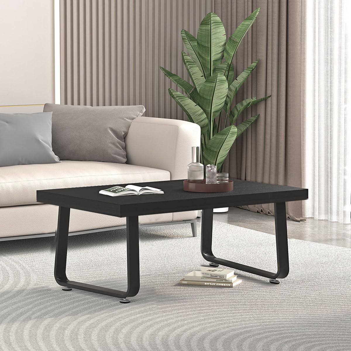 HSH Black Oak Coffee Table, 55D×100W×46.5H cm, Rustic Industrial Wooden Coffee Table for Living Room Bedroom Office
