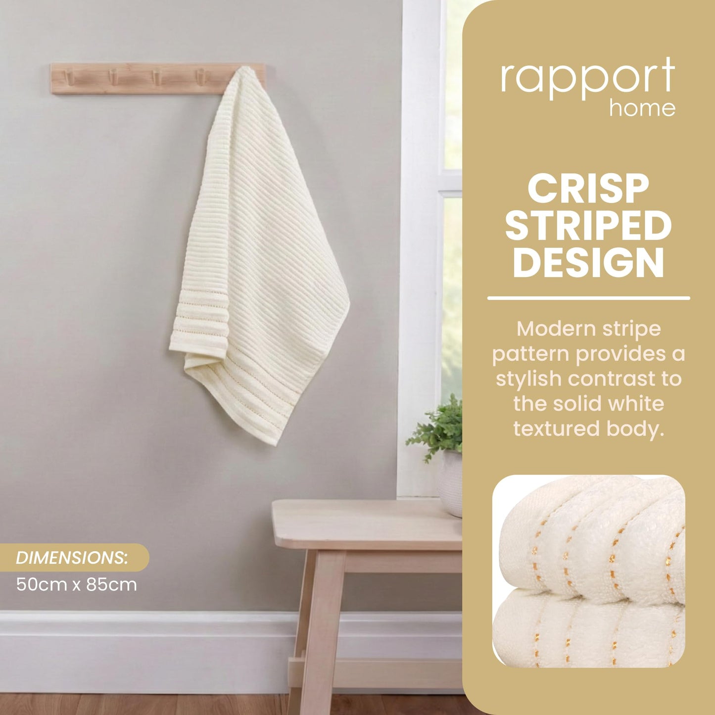 Rapport Home 2-Pack Linear Hand Towels | 50x85cm 100% Cotton 500GSM | Absorbent & Soft Bathroom Towel Set | Oeko-Tex Certified | Ivory Cream