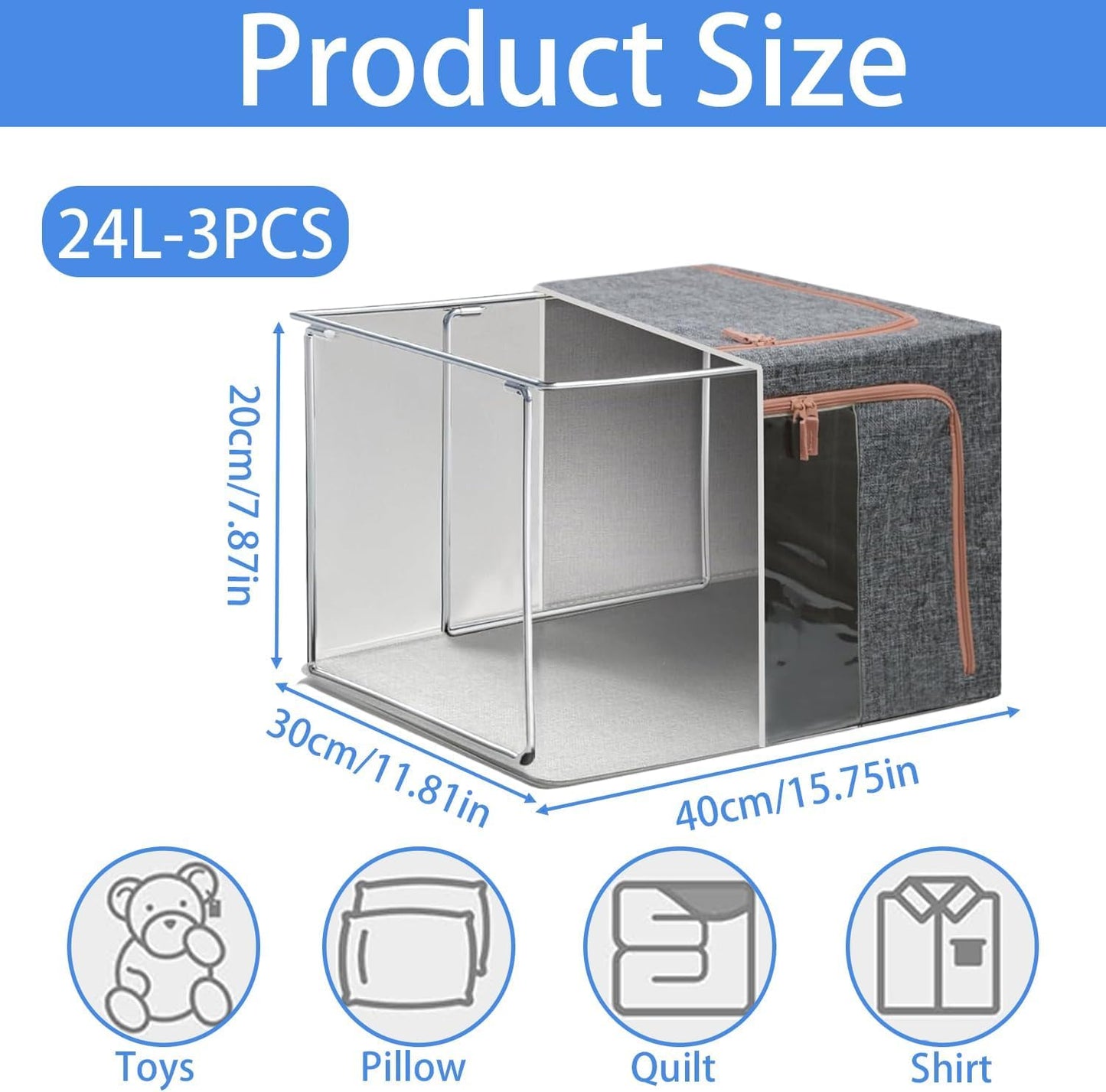 24L Clothes Storage Boxes,Stackable Cube Wardrobe Storage Organiser,Collapsible Storage With Metal Frame,Storage Bags With Zips Clear Window & Carry