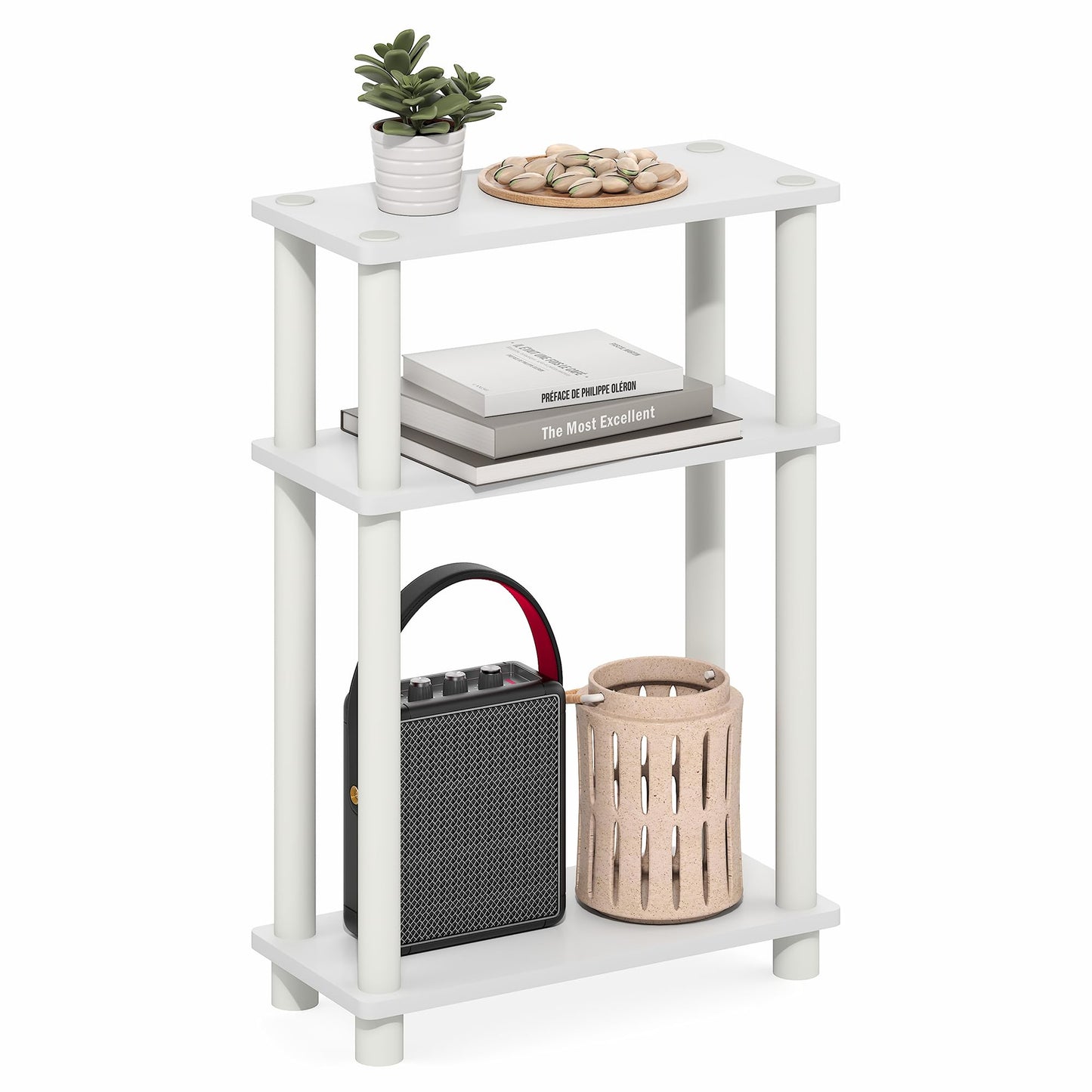 Furinno TURN-N-TUBE Narrow Side Table, 3-Tier Rectangular Modern End Table with Storage Shelf, Slim Toolless Assembly Nightstand, Night Stand